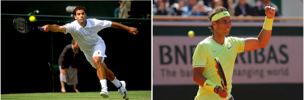 <i>Rafael Nadal at the French Open, Pete Sampras at Wimbledon. Photograph: Mike Hewitt/Getty Images (Sampras), AP: Michel Euler (Nadal)</i>